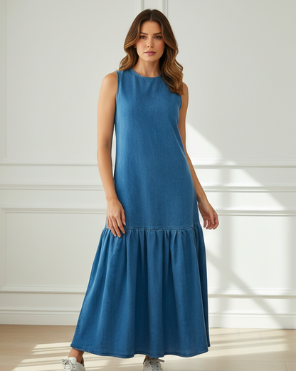 Ruffle Tiered Denim Maxi Dress