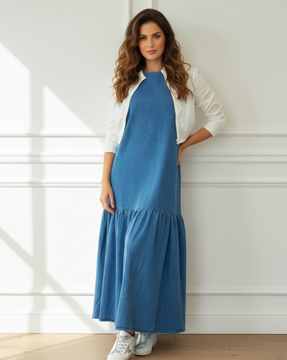 Ruffle Tiered Denim Maxi Dress
